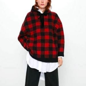 Zara Knit Pullover Hoodie Womens Red & Black Size S Cropped Oversized Look